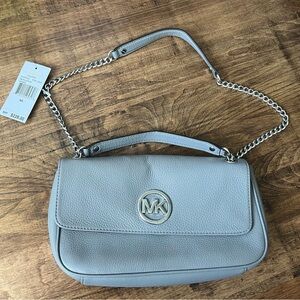 Michael Kors Steel Grey Leather Small Shoulder Flap Metal Chain Purse